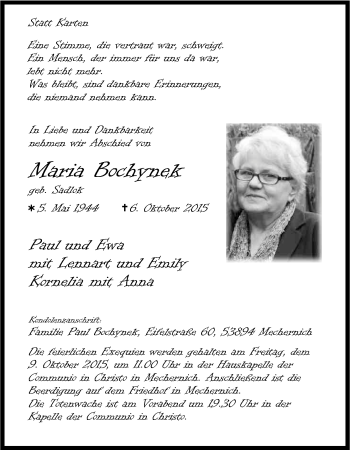 Anzeige von Maria Bochynek von Kölner Stadt-Anzeiger / Kölnische Rundschau / Express