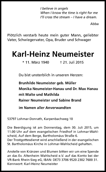 Anzeige von Karl-Heinz Neumeister von Kölner Stadt-Anzeiger / Kölnische Rundschau / Express