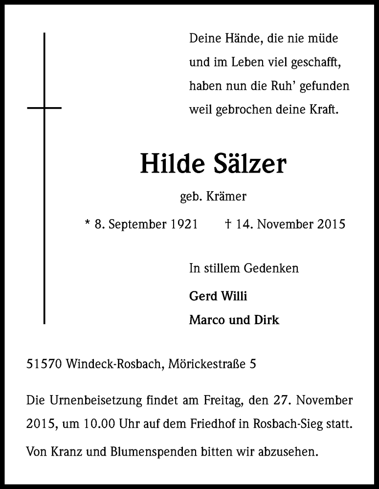  Traueranzeige für Hilde Sälzer vom 19.11.2015 aus Kölner Stadt-Anzeiger / Kölnische Rundschau / Express