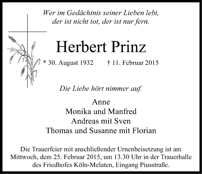 Traueranzeige für Herbert Prinz vom 21.02.2015 aus Kölner Stadt-Anzeiger / Kölnische Rundschau / Express