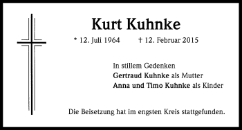 Anzeige von Kurt Kuhnke von Kölner Stadt-Anzeiger / Kölnische Rundschau / Express