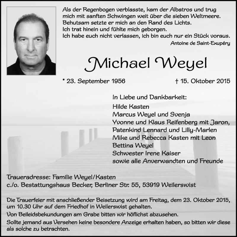  Traueranzeige für Michael Weyel vom 21.10.2015 aus  Schaufenster/Blickpunkt 