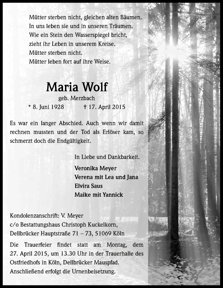  Traueranzeige für Maria Wolf vom 25.04.2015 aus Kölner Stadt-Anzeiger / Kölnische Rundschau / Express