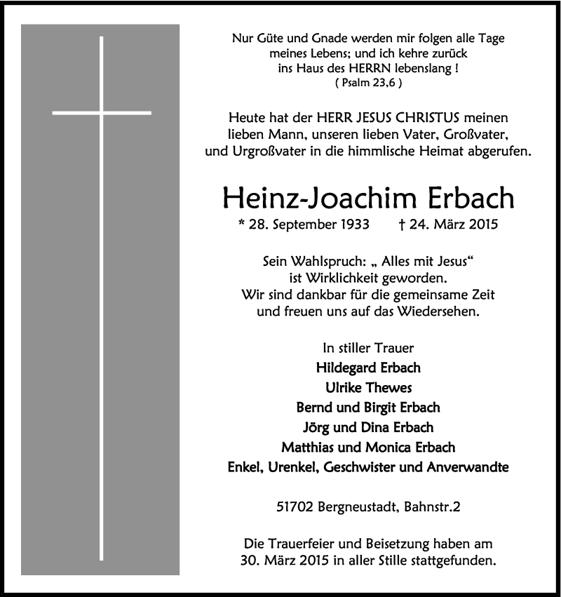  Traueranzeige für Heinz-Joachim Erbach vom 04.04.2015 aus Kölner Stadt-Anzeiger / Kölnische Rundschau / Express
