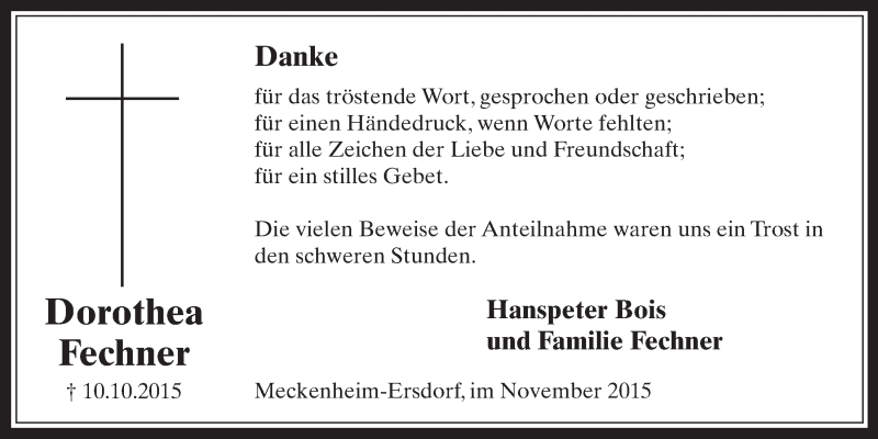  Traueranzeige für Dorothea Fechner vom 04.11.2015 aus  Schaufenster/Blickpunkt 