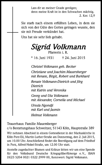 Anzeige von Sigrid Volkmann von Kölner Stadt-Anzeiger / Kölnische Rundschau / Express