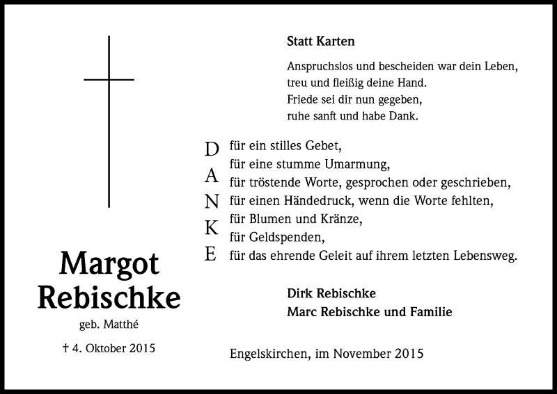  Traueranzeige für Margot Rebischke vom 21.11.2015 aus Kölner Stadt-Anzeiger / Kölnische Rundschau / Express