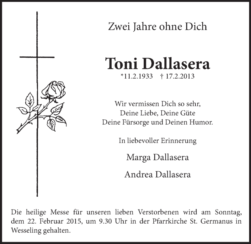  Traueranzeige für Toni Dallasera vom 18.02.2015 aus  Schlossbote/Werbekurier 