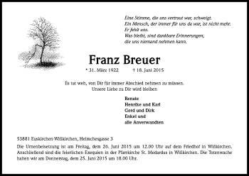 Anzeige von Franz Breuer von Kölner Stadt-Anzeiger / Kölnische Rundschau / Express