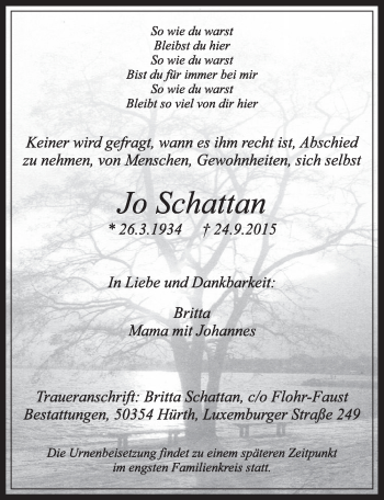 Anzeige von Jo Schattan von  Wochenende  Werbepost 
