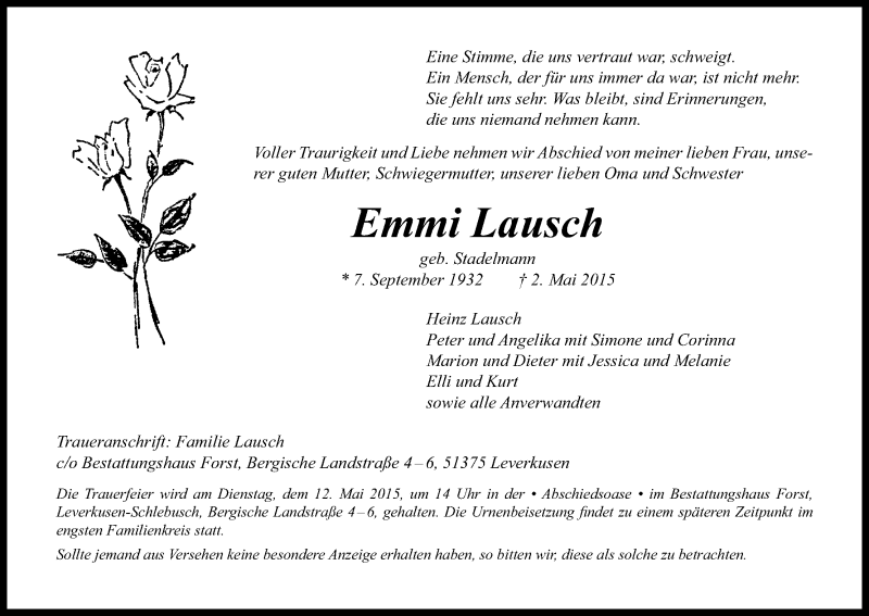  Traueranzeige für Emmi Lausch vom 08.05.2015 aus Kölner Stadt-Anzeiger / Kölnische Rundschau / Express