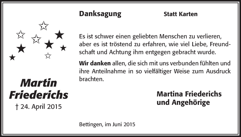  Traueranzeige für Martin Friederichs vom 03.06.2015 aus  Anzeigen Echo  Lokalanzeiger 
