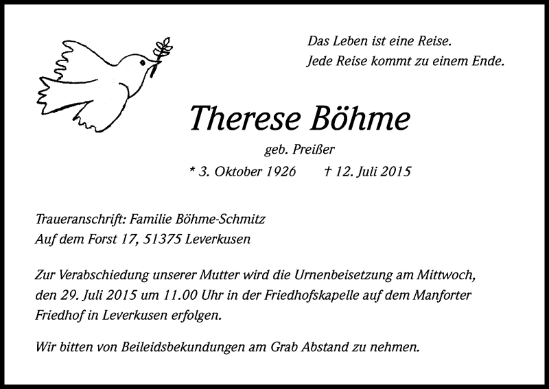  Traueranzeige für Therese Böhme vom 22.07.2015 aus Kölner Stadt-Anzeiger / Kölnische Rundschau / Express