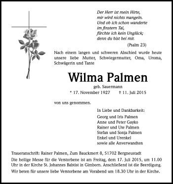 Anzeige von Wilma Palmen von Kölner Stadt-Anzeiger / Kölnische Rundschau / Express