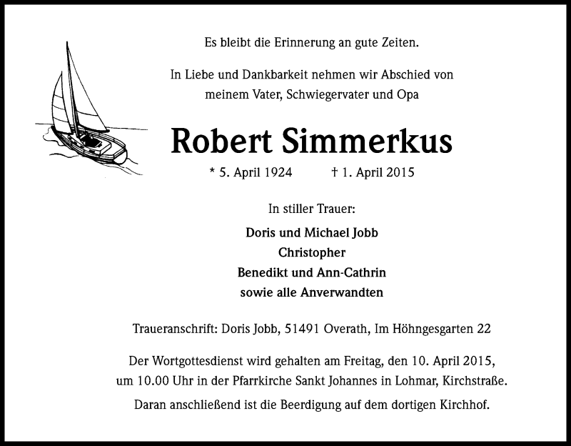  Traueranzeige für Robert Simmerkus vom 04.04.2015 aus Kölner Stadt-Anzeiger / Kölnische Rundschau / Express