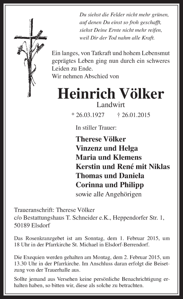  Traueranzeige für Heinrich Völker vom 28.01.2015 aus  Werbepost 