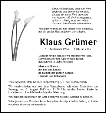 Anzeige von Klaus Grümer von Kölner Stadt-Anzeiger / Kölnische Rundschau / Express