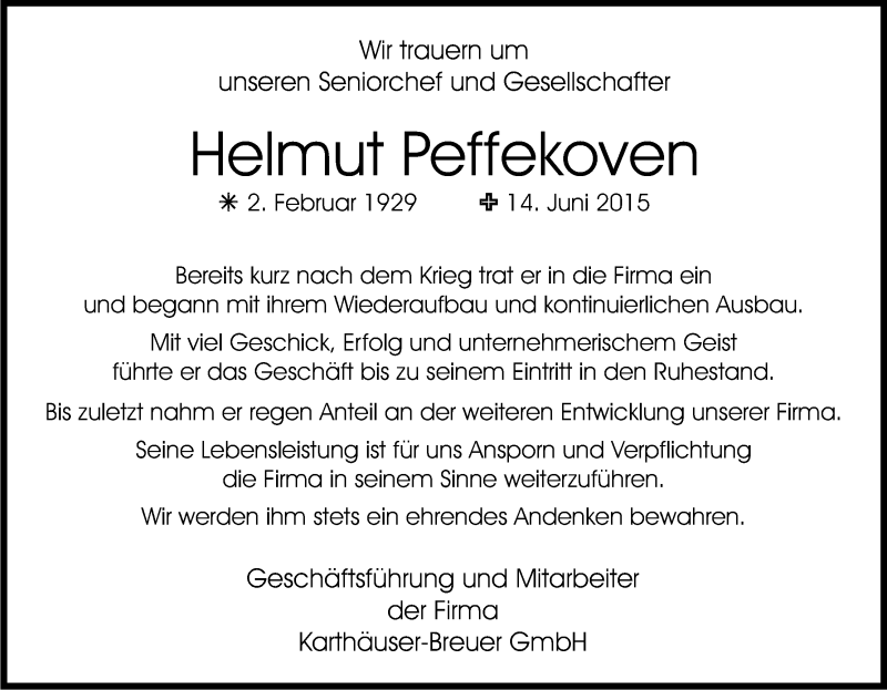  Traueranzeige für Helmut Peffekoven vom 27.06.2015 aus Kölner Stadt-Anzeiger / Kölnische Rundschau / Express