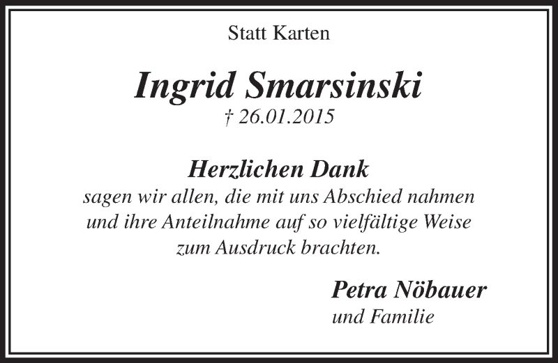  Traueranzeige für Ingrid Smarsinski vom 11.03.2015 aus  Lokalanzeiger 