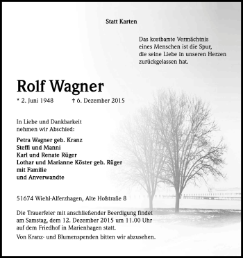Anzeige von Rolf Wagner von Kölner Stadt-Anzeiger / Kölnische Rundschau / Express