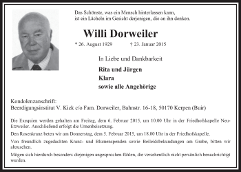 Anzeige von Willi Dorweiler von  Sonntags-Post 