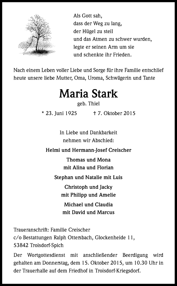  Traueranzeige für Maria Stark vom 12.10.2015 aus Kölner Stadt-Anzeiger / Kölnische Rundschau / Express