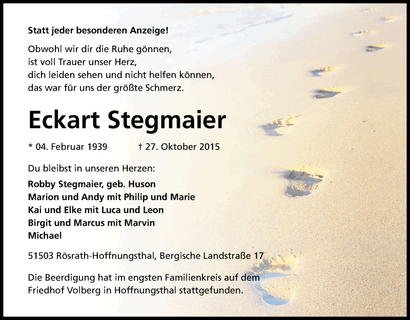  Traueranzeige für Eckart Stegmaier vom 07.11.2015 aus Kölner Stadt-Anzeiger / Kölnische Rundschau / Express