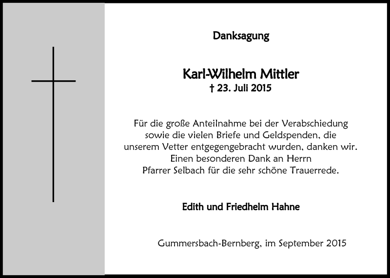  Traueranzeige für Karl-Wilhelm Mittler vom 16.09.2015 aus  Anzeigen Echo 