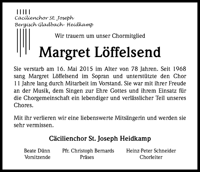  Traueranzeige für Margret Löffelsend vom 30.05.2015 aus Kölner Stadt-Anzeiger / Kölnische Rundschau / Express