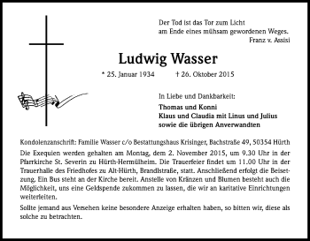 Anzeige von Ludwig Wasser von Kölner Stadt-Anzeiger / Kölnische Rundschau / Express