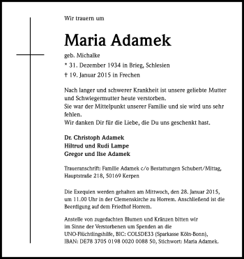 Anzeige von Maria Adamek von Kölner Stadt-Anzeiger / Kölnische Rundschau / Express