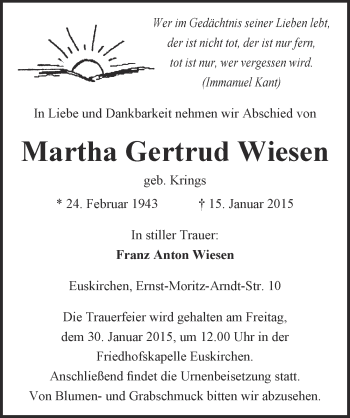 Anzeige von Martha Gertrud Wiesen von  Blickpunkt Euskirchen 