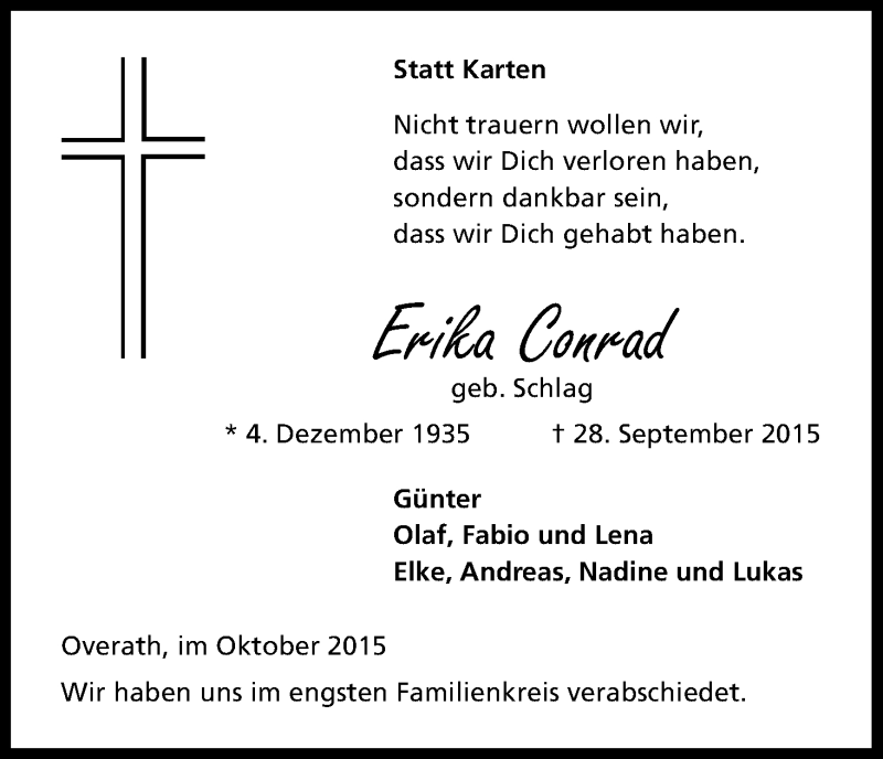  Traueranzeige für Erika Conrad vom 14.10.2015 aus Kölner Stadt-Anzeiger / Kölnische Rundschau / Express