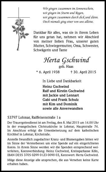 Anzeige von Herta Gschwind von Kölner Stadt-Anzeiger / Kölnische Rundschau / Express