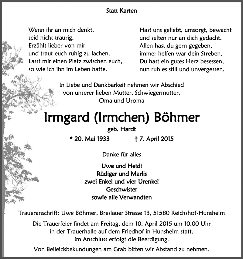  Traueranzeige für Irmgard Böhmer vom 08.04.2015 aus Kölner Stadt-Anzeiger / Kölnische Rundschau / Express