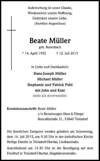 Anzeige von Beate Müller von Kölner Stadt-Anzeiger / Kölnische Rundschau / Express
