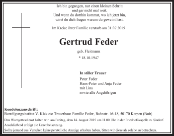 Anzeige von Gertrud Feder von  Sonntags-Post 