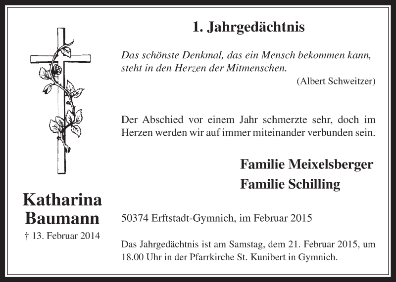  Traueranzeige für Katharina Baumann vom 18.02.2015 aus  Wochenende  Werbepost 