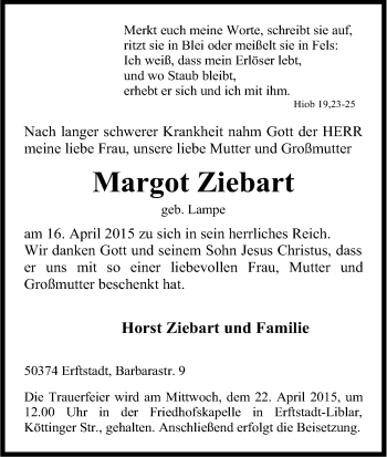 Anzeige von Margot Ziebart von Kölner Stadt-Anzeiger / Kölnische Rundschau / Express