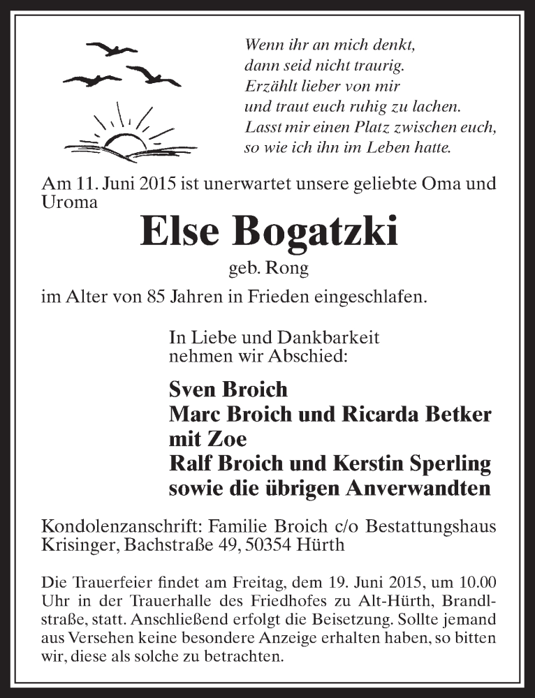  Traueranzeige für Else Bogatzki vom 17.06.2015 aus  Wochenende 