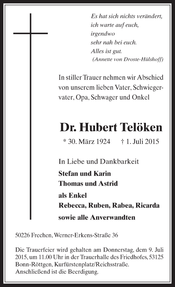  Traueranzeige für Hubert Telöken vom 08.07.2015 aus  Wochenende 
