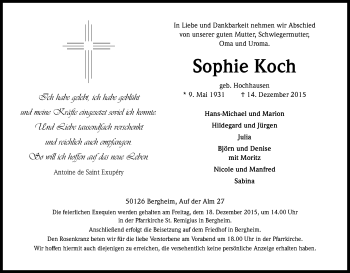 Anzeige von Sophie Koch von Kölner Stadt-Anzeiger / Kölnische Rundschau / Express