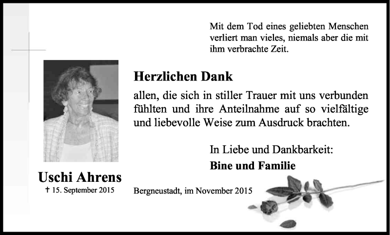  Traueranzeige für Uschi Ahrens vom 07.11.2015 aus Kölner Stadt-Anzeiger / Kölnische Rundschau / Express