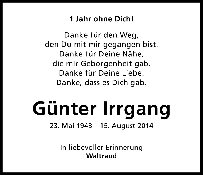  Traueranzeige für Günter Irrgang vom 15.08.2015 aus Kölner Stadt-Anzeiger / Kölnische Rundschau / Express