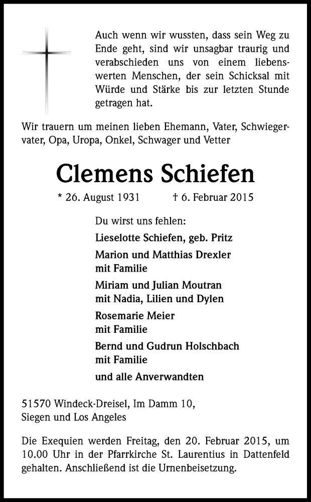  Traueranzeige für Clemens Schiefen vom 14.02.2015 aus Kölner Stadt-Anzeiger / Kölnische Rundschau / Express