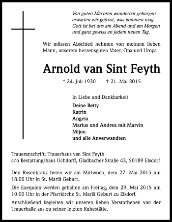 Anzeige von Arnold van Sint Feyth von Kölner Stadt-Anzeiger / Kölnische Rundschau / Express