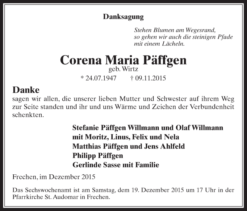  Traueranzeige für Corena Maria Päffgen vom 09.12.2015 aus  Wochenende 