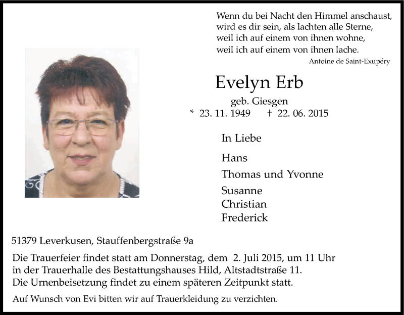  Traueranzeige für Evelyn Erb vom 27.06.2015 aus Kölner Stadt-Anzeiger / Kölnische Rundschau / Express