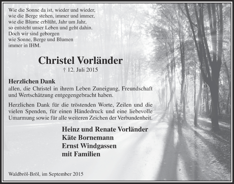  Traueranzeige für Christel Vorländer vom 02.09.2015 aus  Lokalanzeiger 