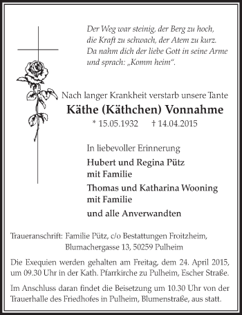 Anzeige von Käthe  Vonnahme von  Sonntags-Post 